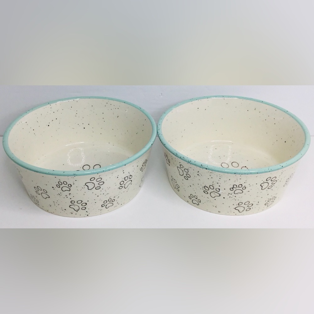2 Pet Bowl Cat Kitten PAWS Food Water Dish Bowl Pacifica Pottery Tur…